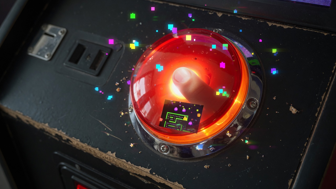 A chipped black arcade cabinet with a huge chrome-rimmed red dome button, a finger pressing it, a tiny maze game glowing inside the lens, and colorful 8-bit pixel crumbs bursting off the bezel.